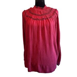 Maurice's Blouse w Peek-A-Boo Sleeves Mock Neck Top in Dark Red/Burgundy